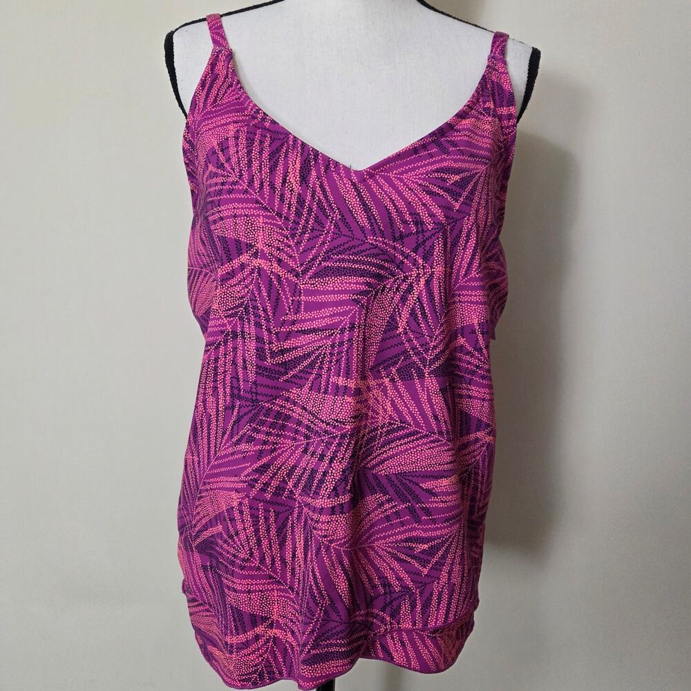 NWT Lands' End L (14/16) Tankini Tulip Hem V-Neck Pads Adjustable Palm Leaf Pink